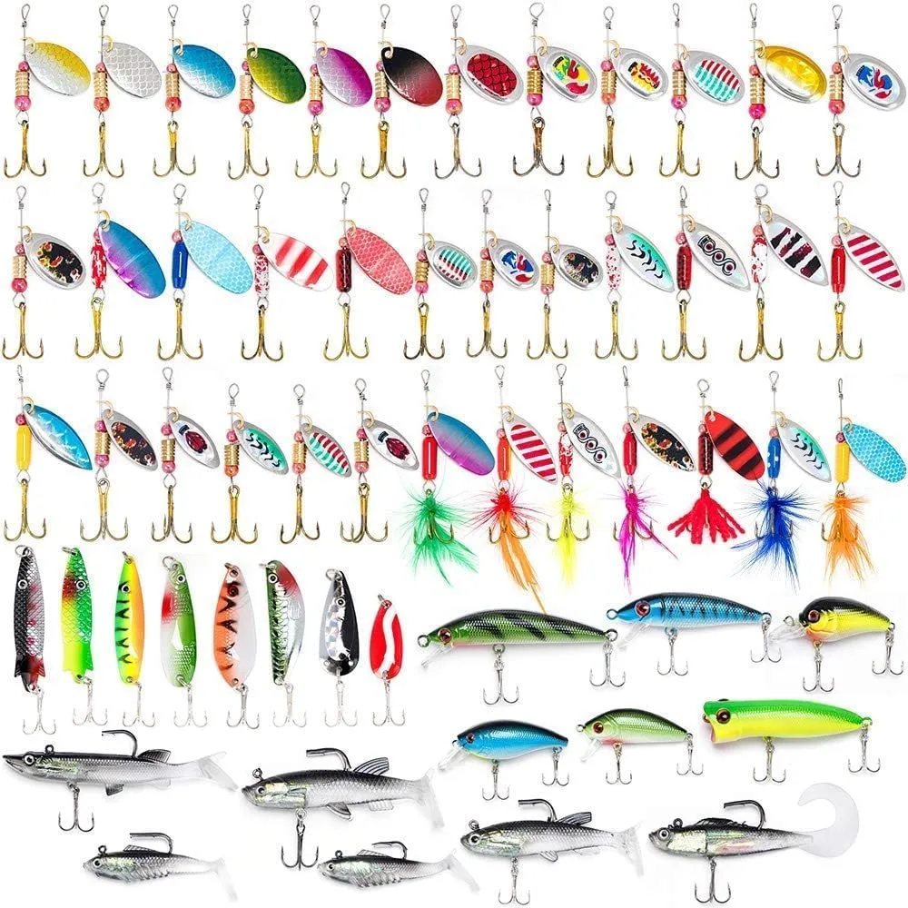 Dr.Fish Fishing Tackle Bag 5 Boxes with 60 Lures Included Loaded Stocked Tackle Box Set Spinner Lures Kit Freshwater Gear Equipment