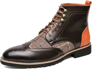 Ephirebra Men's Leather Brogue Wingtips Lace-Up Dress Oxford Boots Comfortable Non-Slip Pointed Toe High-Top Retro Ankle Boots