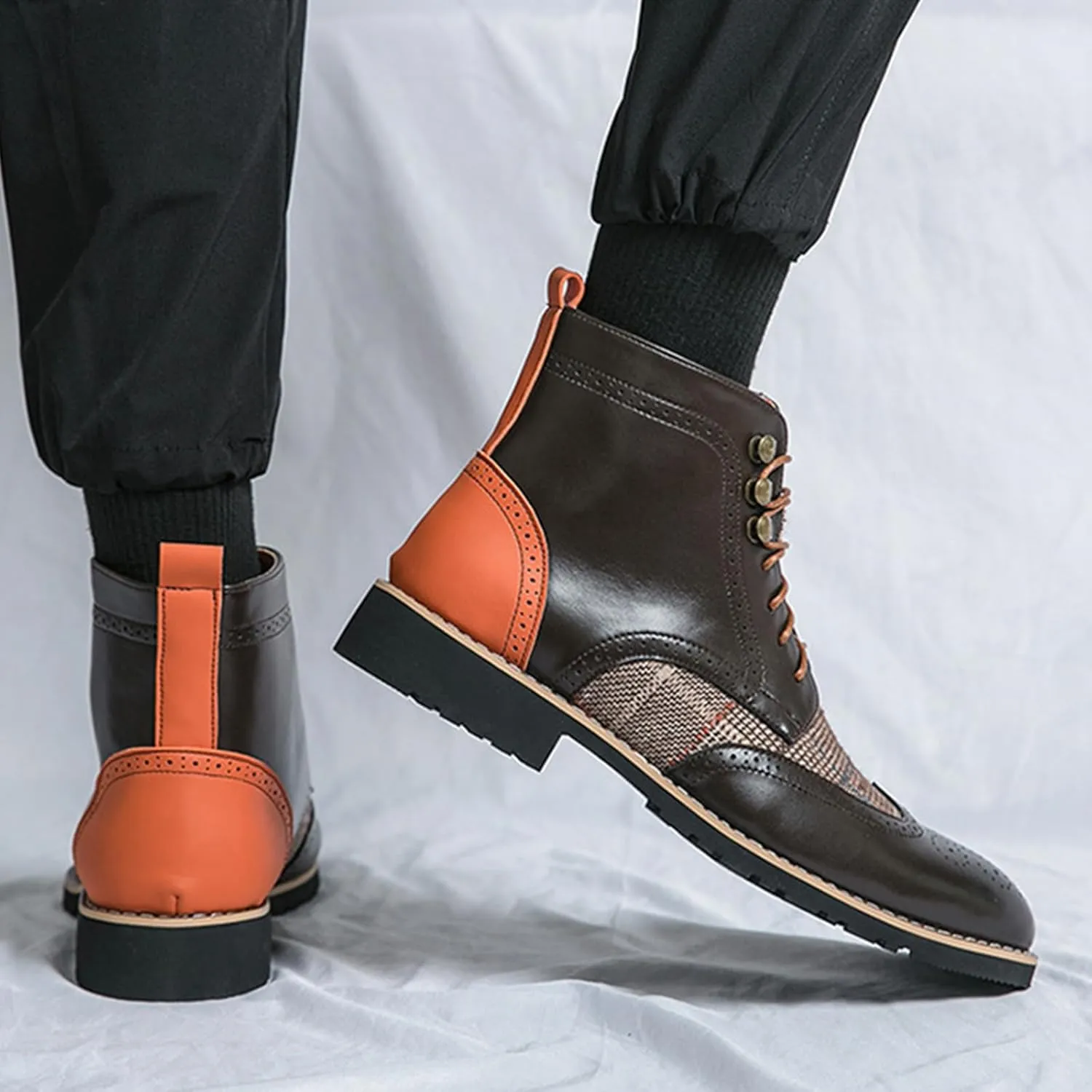 Ephirebra Men's Leather Brogue Wingtips Lace-Up Dress Oxford Boots Comfortable Non-Slip Pointed Toe High-Top Retro Ankle Boots