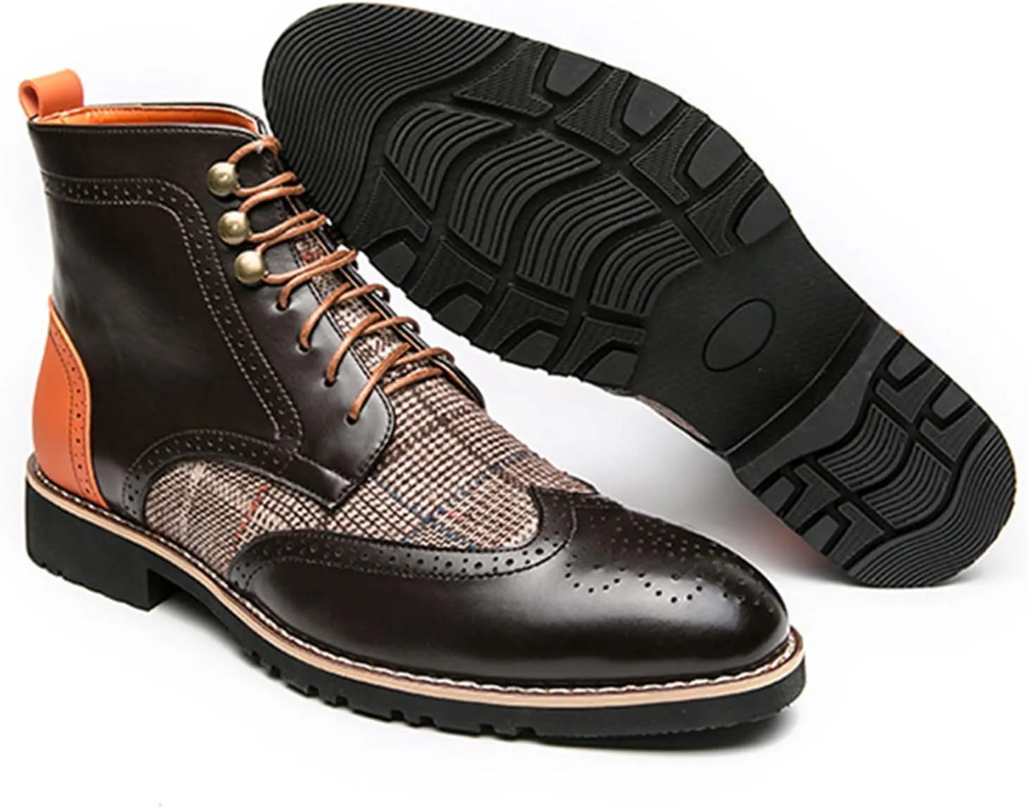 Ephirebra Men's Leather Brogue Wingtips Lace-Up Dress Oxford Boots Comfortable Non-Slip Pointed Toe High-Top Retro Ankle Boots