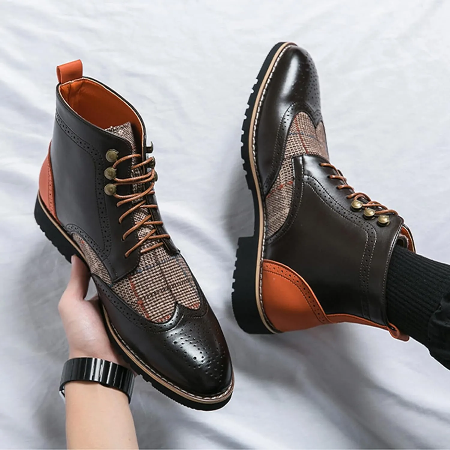Ephirebra Men's Leather Brogue Wingtips Lace-Up Dress Oxford Boots Comfortable Non-Slip Pointed Toe High-Top Retro Ankle Boots