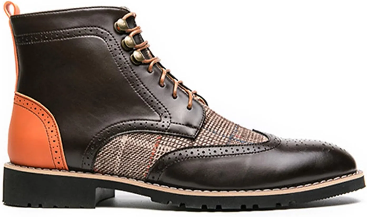 Ephirebra Men's Leather Brogue Wingtips Lace-Up Dress Oxford Boots Comfortable Non-Slip Pointed Toe High-Top Retro Ankle Boots