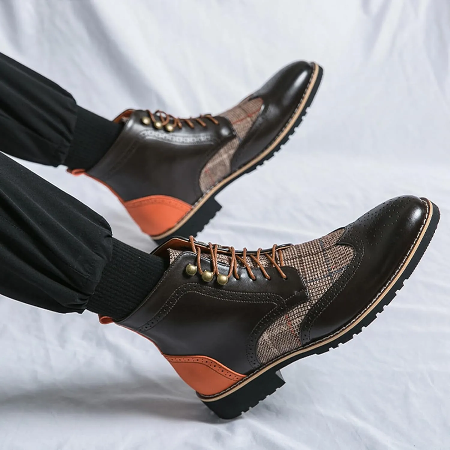 Ephirebra Men's Leather Brogue Wingtips Lace-Up Dress Oxford Boots Comfortable Non-Slip Pointed Toe High-Top Retro Ankle Boots