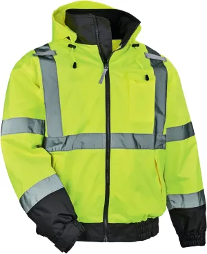 Ergodyne Unisex-Adult 2-in-1 Hi Vis Winter Bomber Jacket, Lime, X-Large