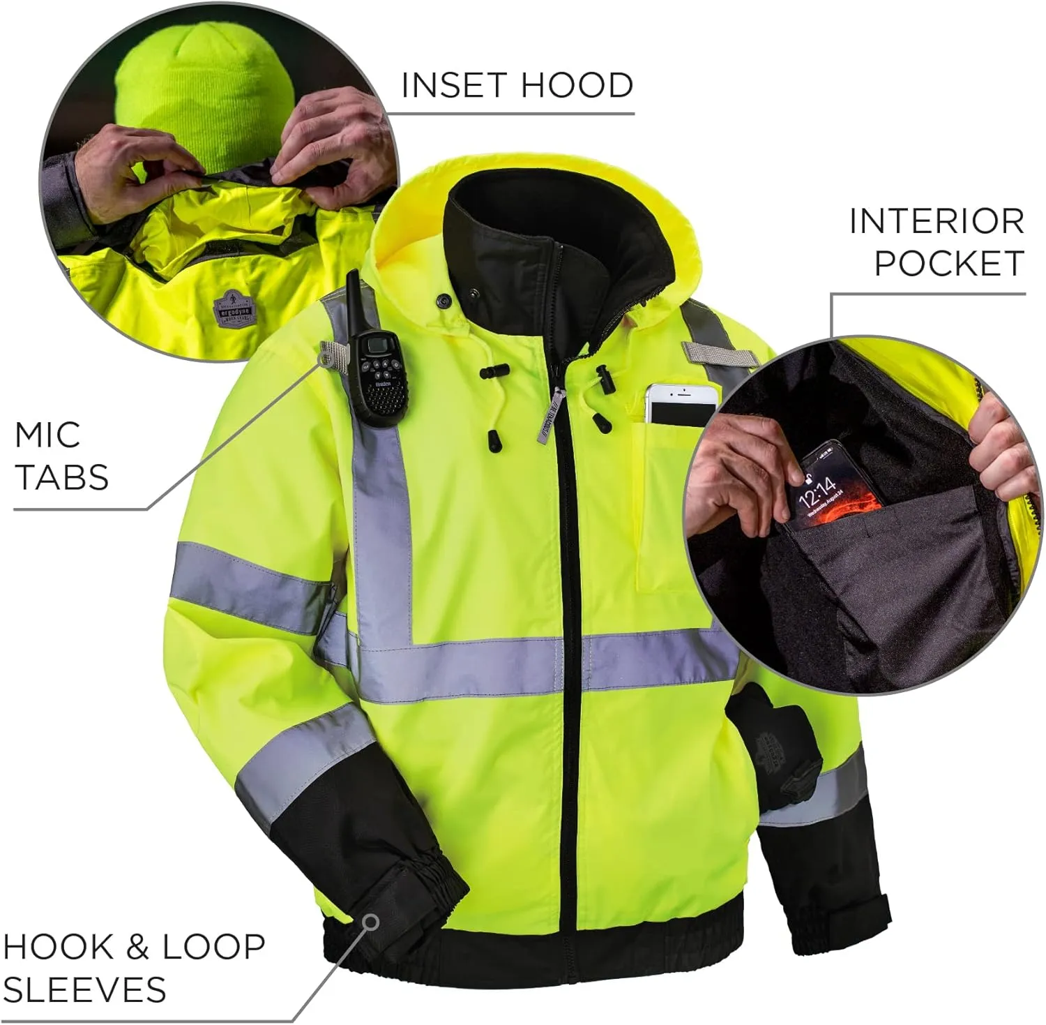 Ergodyne Unisex-Adult 2-in-1 Hi Vis Winter Bomber Jacket, Lime, X-Large