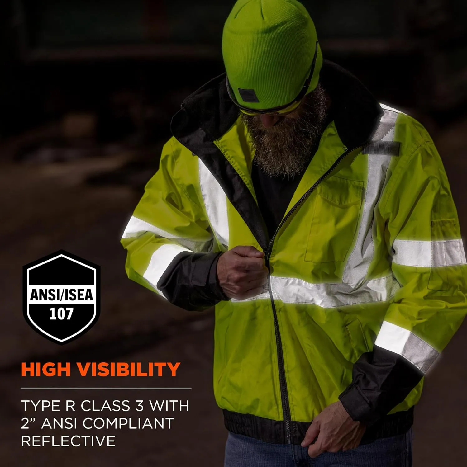 Ergodyne Unisex-Adult 2-in-1 Hi Vis Winter Bomber Jacket, Lime, X-Large