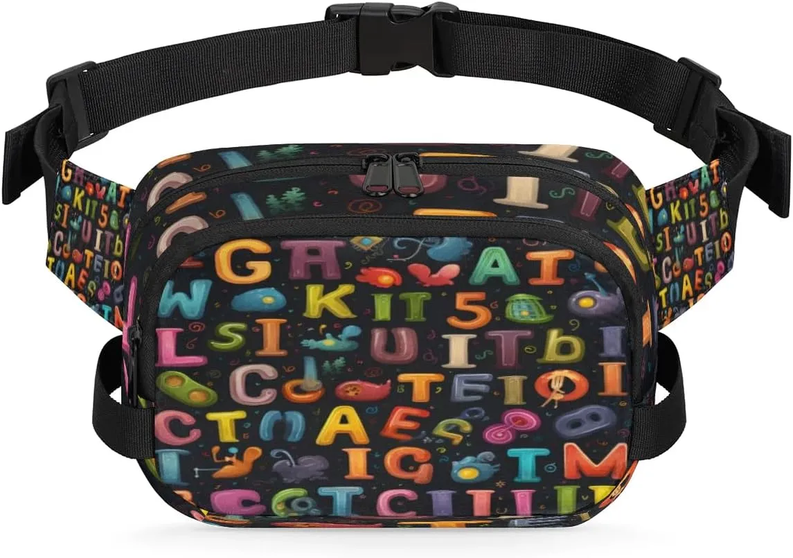 Fanny Pack for Women Men, Education Letters Waist Pack Bag Colorful Alphabets Waterproof Belt Bag with Adjustable Strap Casual Hip Bum Bag Crossbody Bags for Running Trave Hiking Cycling Workout