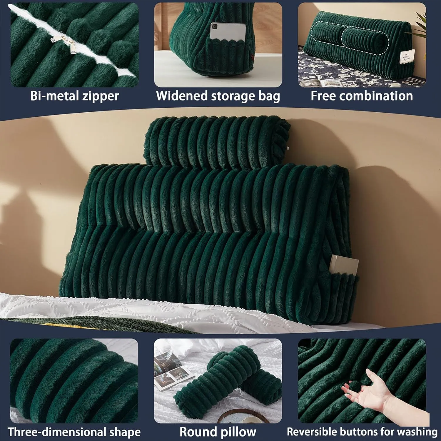 Faux Fur Headboard Pillow with 2 Pack Neck Roll Pillow Large Headboard Pillow Soft and Supportive with Removable Cover (Green, Twin)