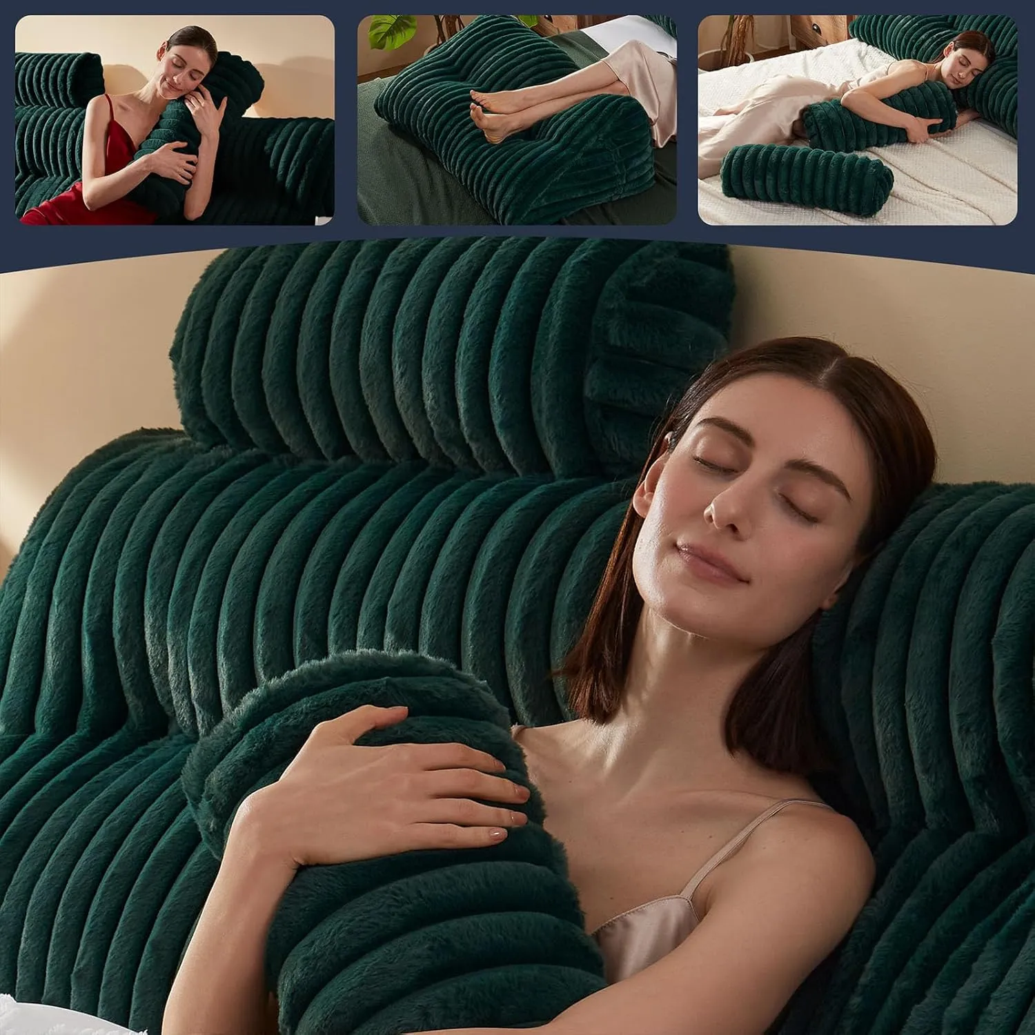 Faux Fur Headboard Pillow with 2 Pack Neck Roll Pillow Large Headboard Pillow Soft and Supportive with Removable Cover (Green, Twin)