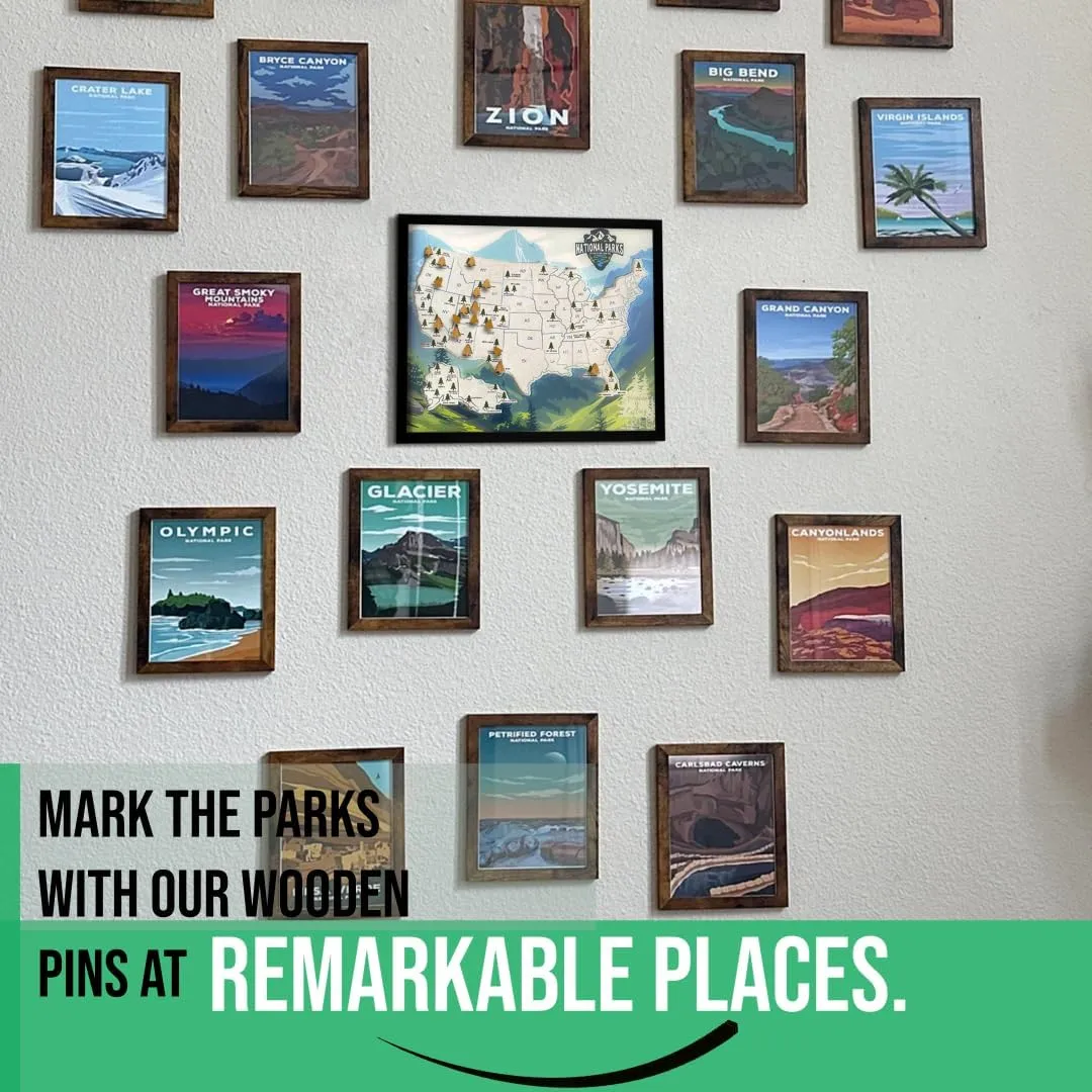 flinelife National Parks Map With Wooden Pine Tree Pins, 12X10, National Park Bucket List Cork Map, Perfect for National Parks Lovers, Hiker, Couples and Families Gift