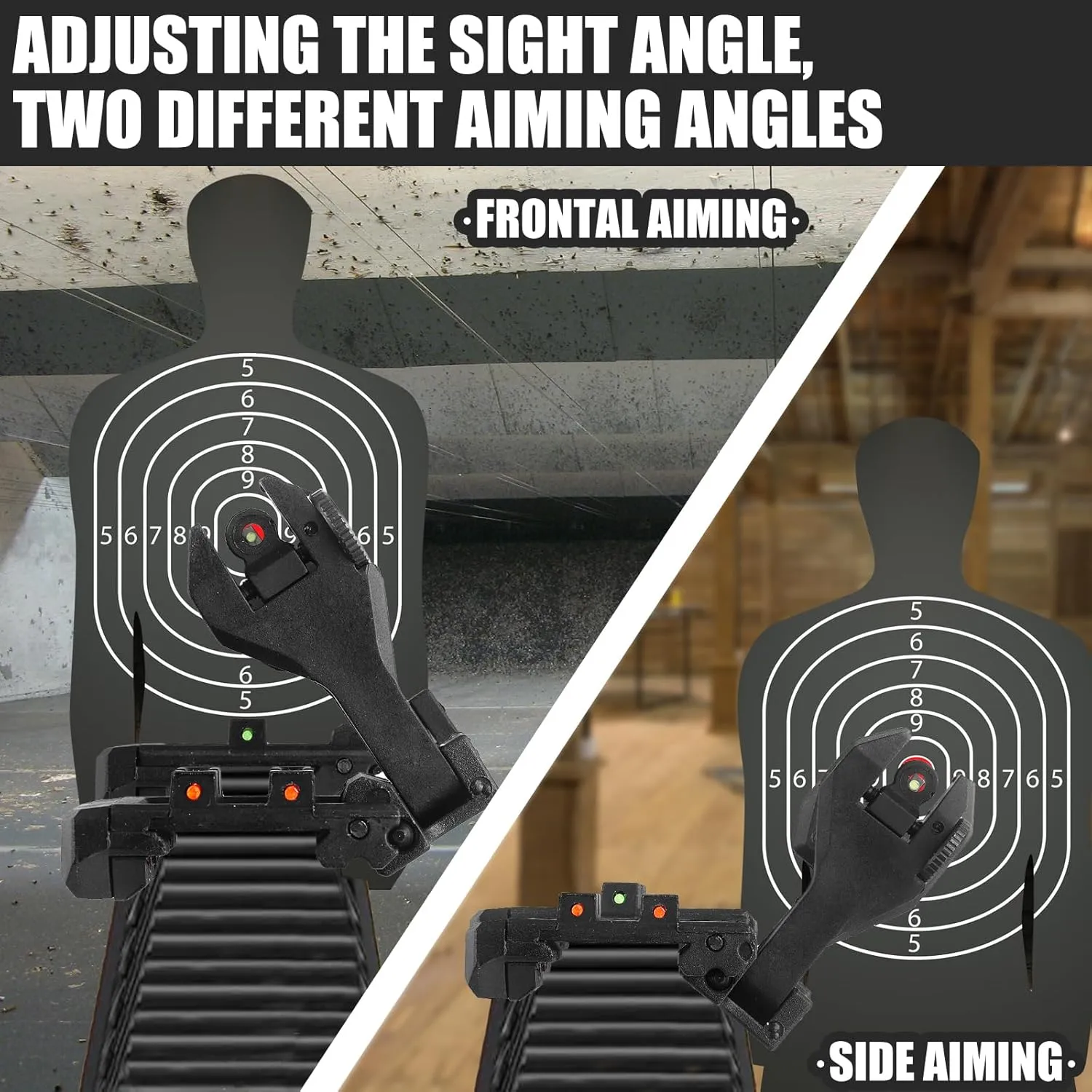 Flip Up Offset Optics Sight - Three Modes: 45 Offset, 90 Vertical, and Low Reference Aiming. Tool-Free Adjustable Front Sight for Rapid Transition