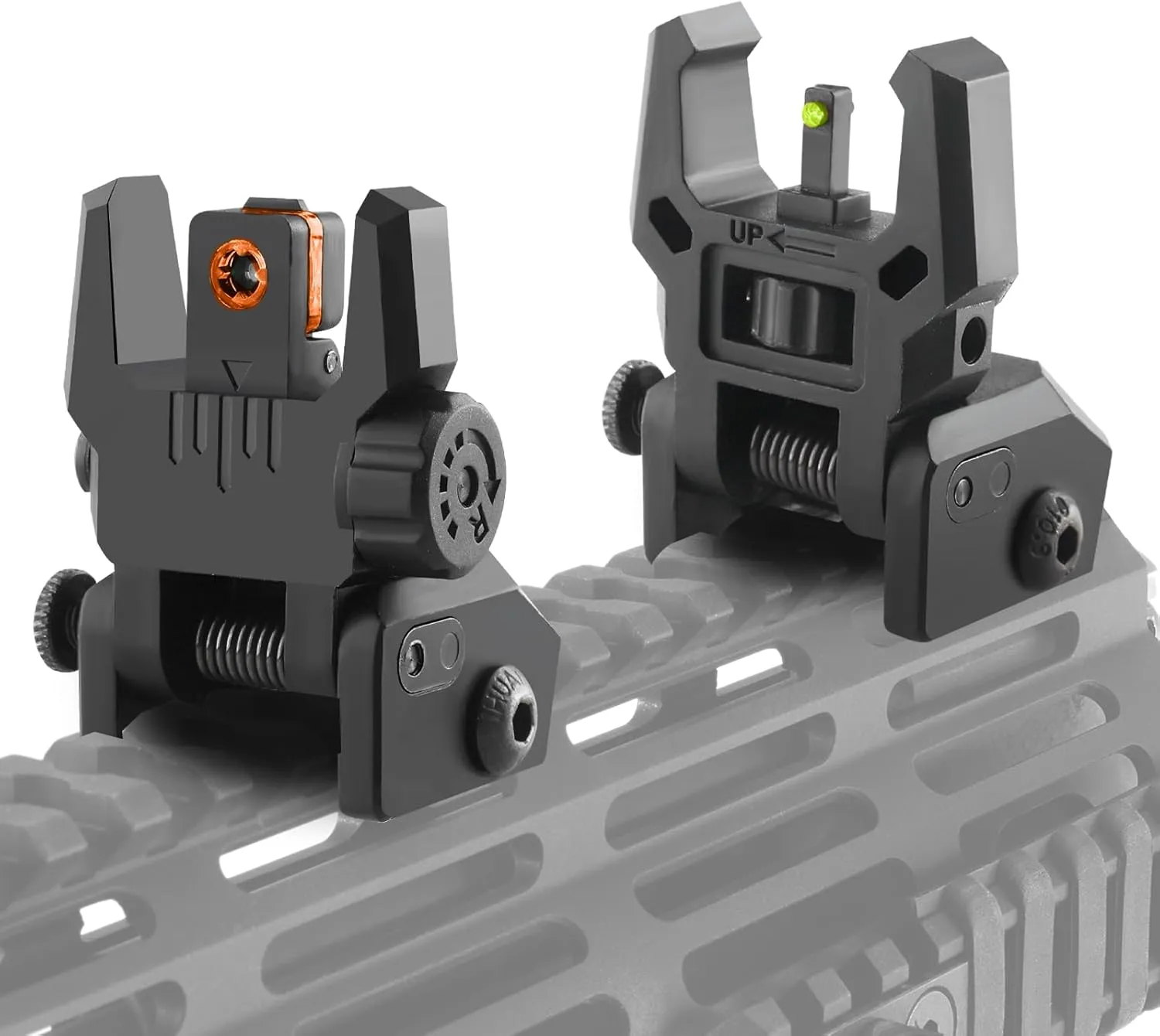 Flip Up Sight Front and Rear Flip Lightweight Sights,with Green Red Fiber Optics Dots, Mounted on Any Picatinny or Weaver Rail