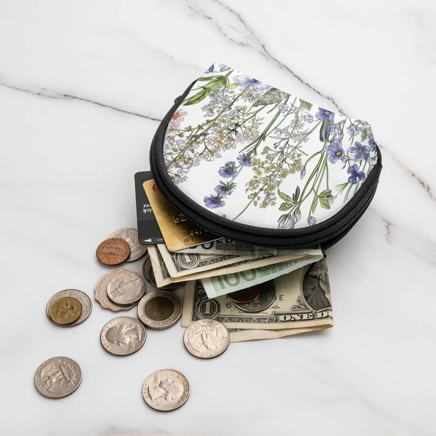 Flowering Herbs and Herbaceous Plants Printed Coin Purse Mini Pouch Change Zipper Wallet Gifts for Women Girls