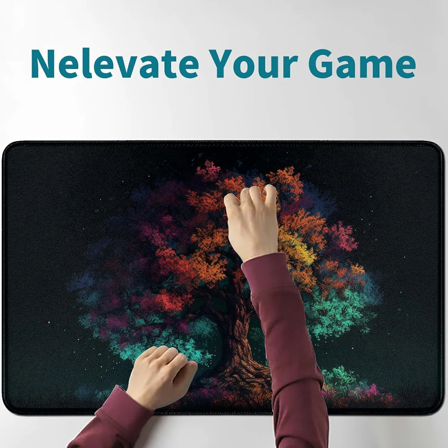 for MTG Card Playmat and 100 Count Card Sleeves Set, TCG Playmat Desk Mats 24 X 14 Inch, Stitched Playmat for Commander Board RPG CCG Game Magic The Gathering, Play Mat, Colorful Tree