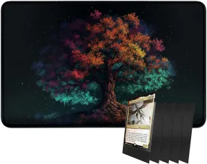 for MTG Card Playmat and 100 Count Card Sleeves Set, TCG Playmat Desk Mats 24 X 14 Inch, Stitched Playmat for Commander Board RPG CCG Game Magic The Gathering, Play Mat, Colorful Tree