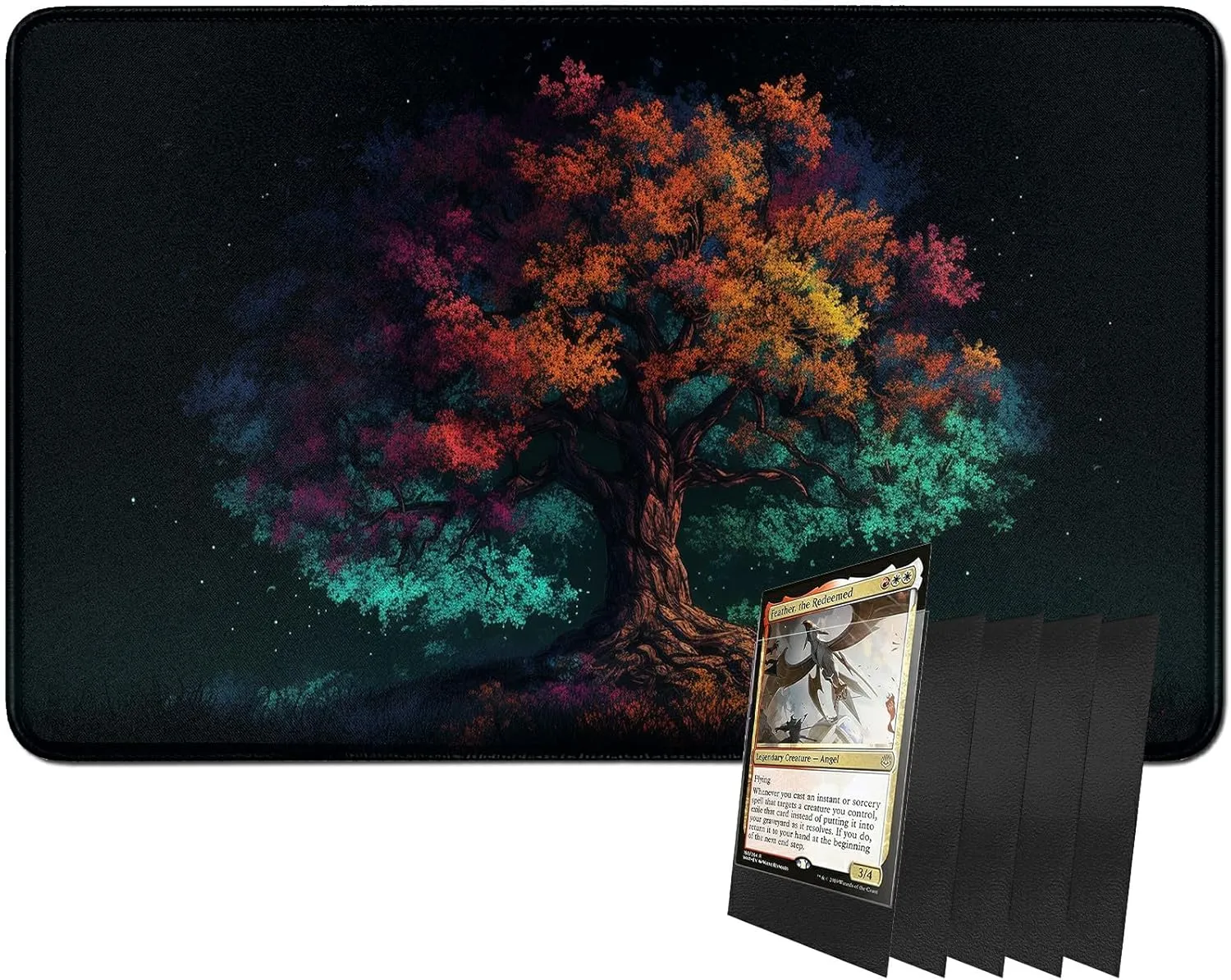 for MTG Card Playmat and 100 Count Card Sleeves Set, TCG Playmat Desk Mats 24 X 14 Inch, Stitched Playmat for Commander Board RPG CCG Game Magic The Gathering, Play Mat, Colorful Tree