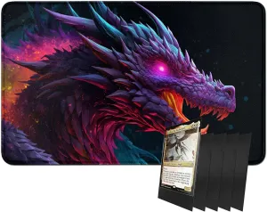 for MTG Card Playmat and 100 Count Card Sleeves Set, TCG Playmat Desk Mats 24 X 14 Inch, Stitched Playmat for Commander Board RPG CCG Game Magic The Gathering, Play Mat, Purple Dragon