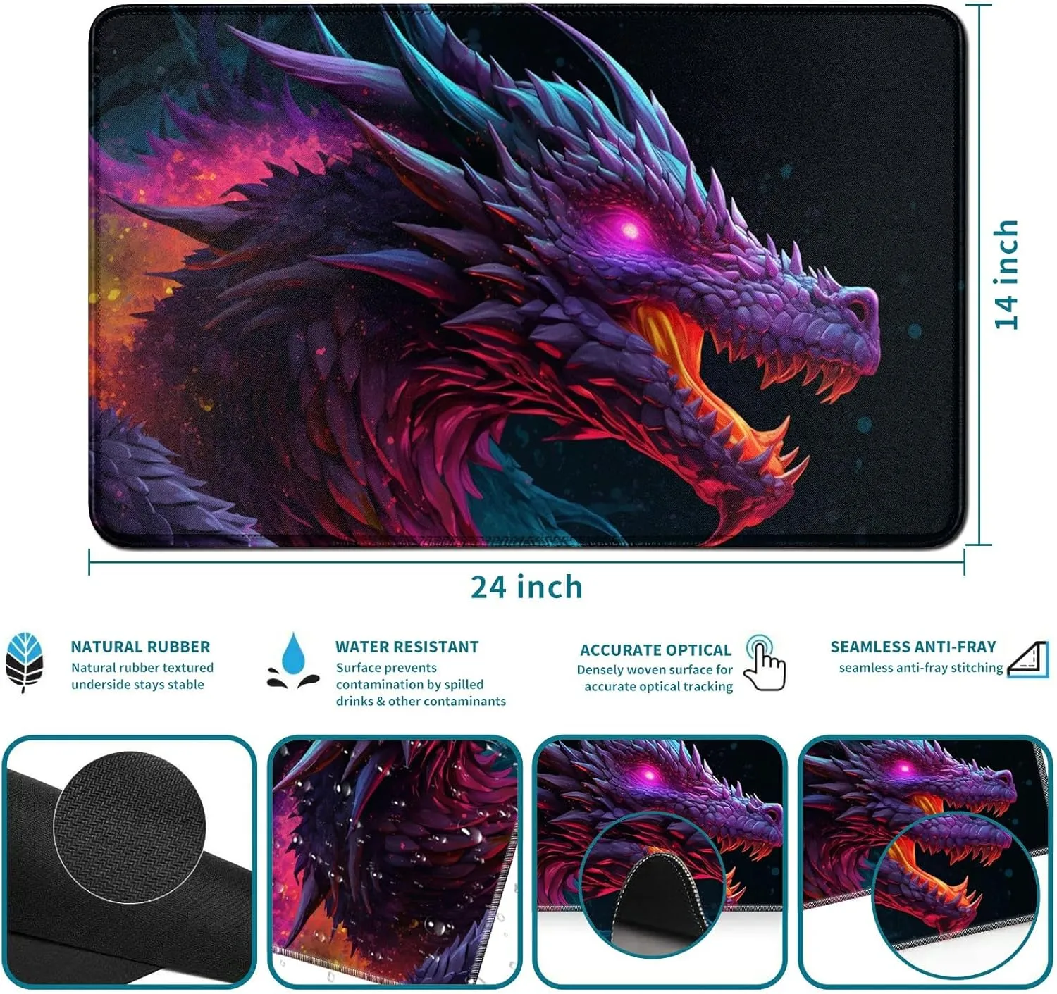 for MTG Card Playmat and 100 Count Card Sleeves Set, TCG Playmat Desk Mats 24 X 14 Inch, Stitched Playmat for Commander Board RPG CCG Game Magic The Gathering, Play Mat, Purple Dragon