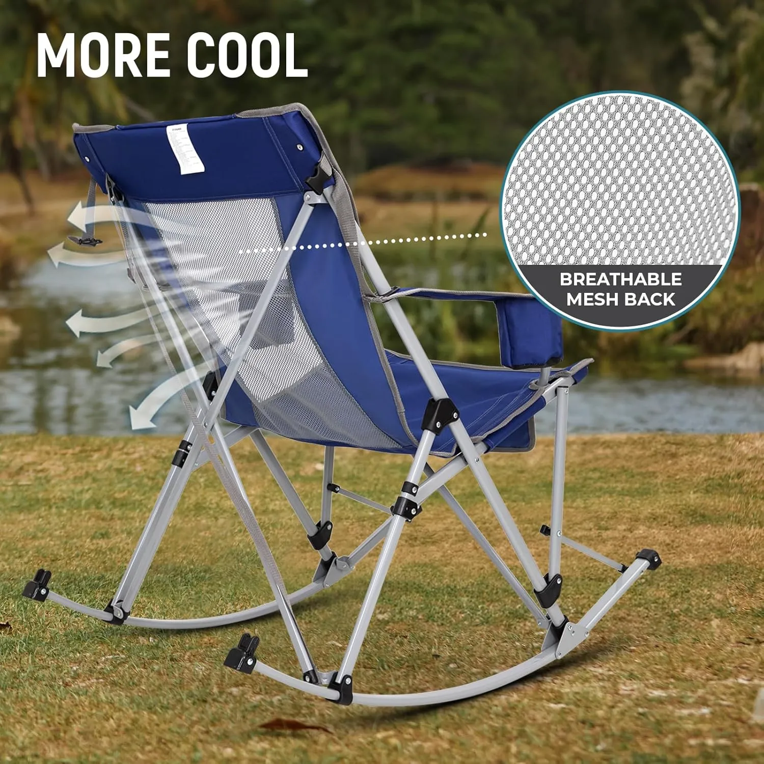 FUNDANGO Rocking Camping Chair, High Mesh Back Portable Folding Camp Chairs with Pillows, Cup Holder and Carry Bag for Lawn Patio Garden Outdoor Supports 300 Lbs (Blue/Grey)