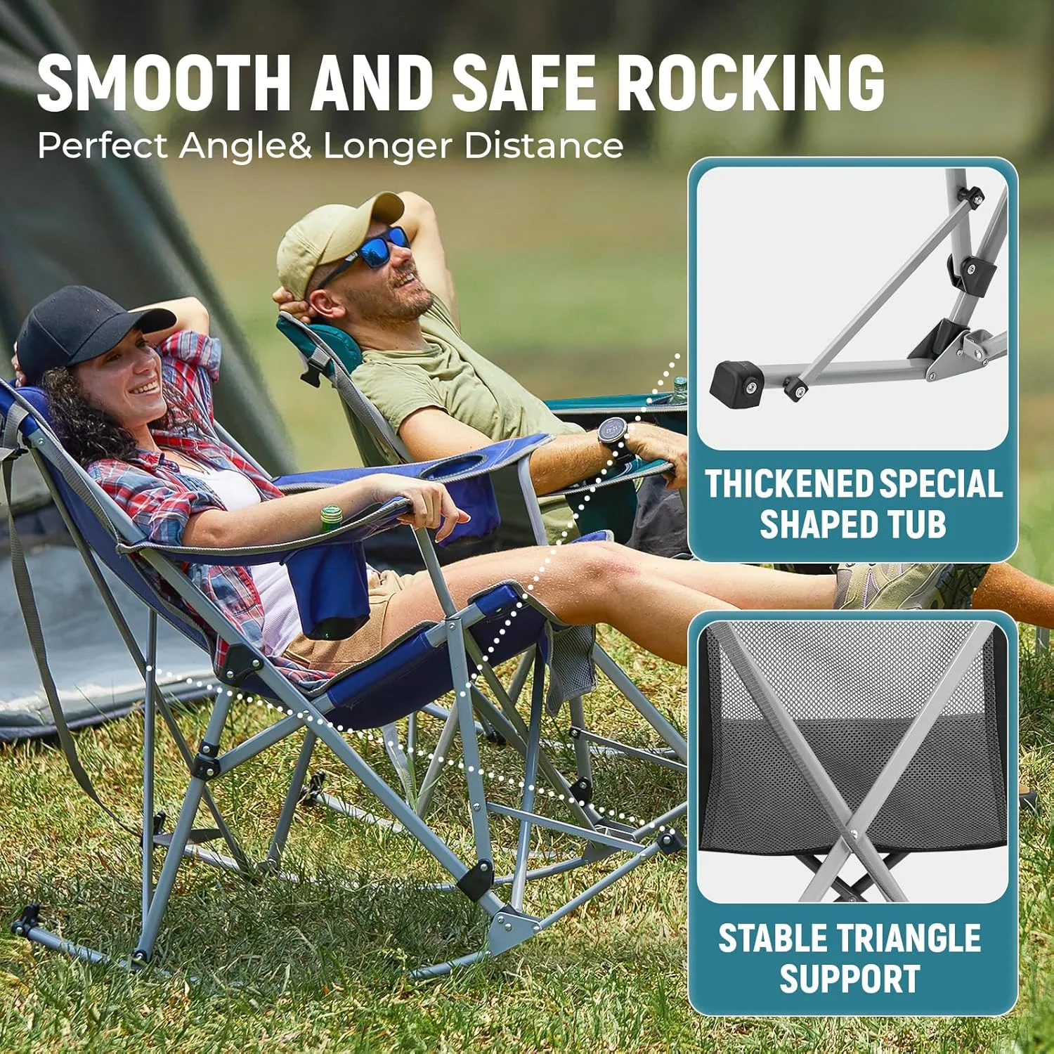 FUNDANGO Rocking Camping Chair, High Mesh Back Portable Folding Camp Chairs with Pillows, Cup Holder and Carry Bag for Lawn Patio Garden Outdoor Supports 300 Lbs (Blue/Grey)
