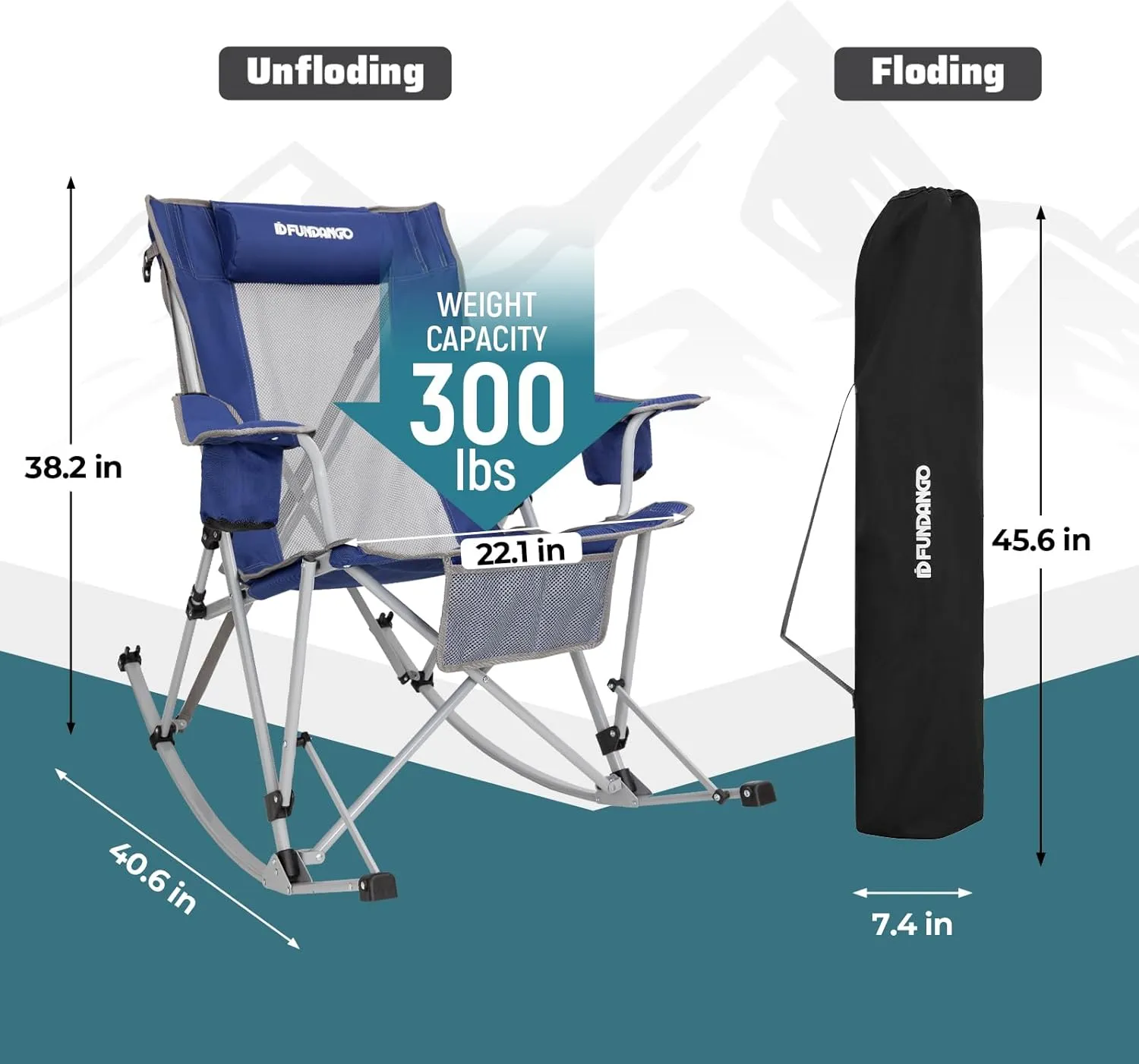 FUNDANGO Rocking Camping Chair, High Mesh Back Portable Folding Camp Chairs with Pillows, Cup Holder and Carry Bag for Lawn Patio Garden Outdoor Supports 300 Lbs (Blue/Grey)