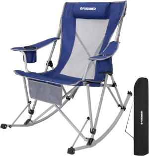 FUNDANGO Rocking Camping Chair, High Mesh Back Portable Folding Camp Chairs with Pillows, Cup Holder and Carry Bag for Lawn Patio Garden Outdoor Supports 300 Lbs (Blue/Grey)