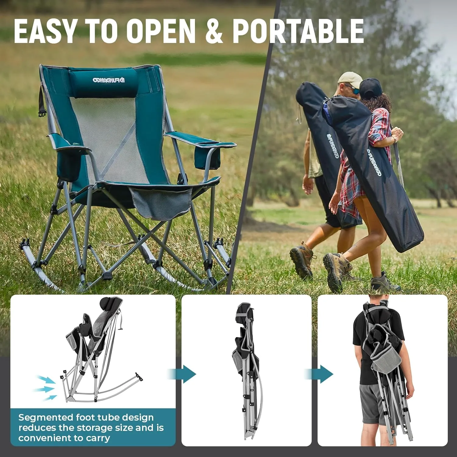 FUNDANGO Rocking Camping Chair, High Mesh Back Portable Folding Camp Chairs with Pillows, Cup Holder and Carry Bag for Lawn Patio Garden Outdoor Supports 300 Lbs (Blue/Grey)