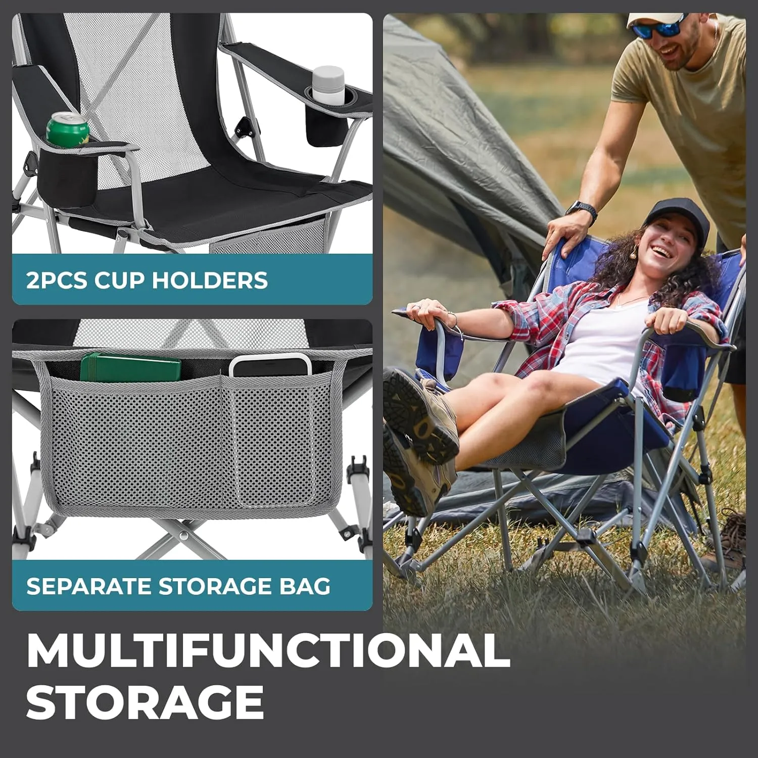 FUNDANGO Rocking Camping Chair, High Mesh Back Portable Folding Camp Chairs with Pillows, Cup Holder and Carry Bag for Lawn Patio Garden Outdoor Supports 300 Lbs (Blue/Grey)