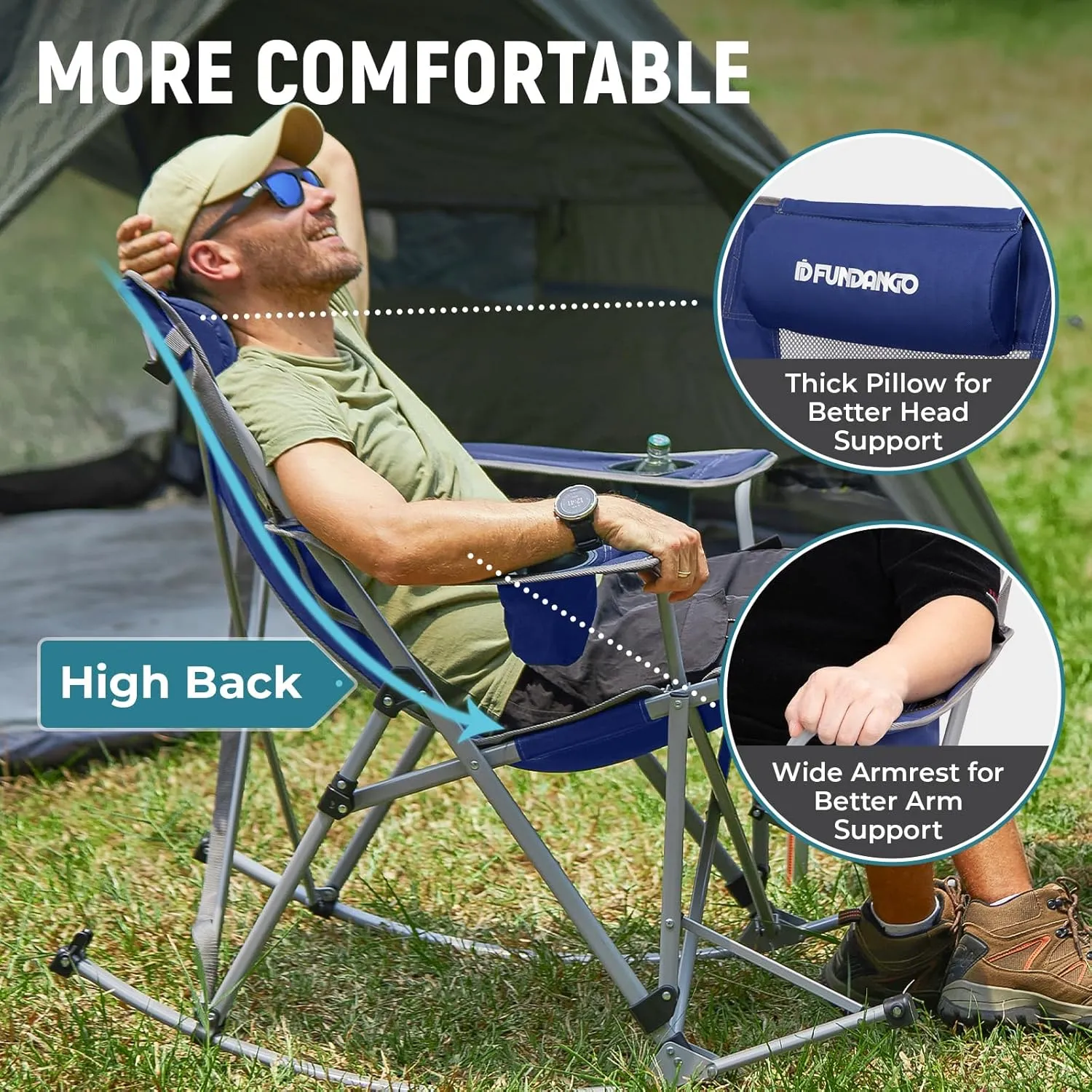 FUNDANGO Rocking Camping Chair, High Mesh Back Portable Folding Camp Chairs with Pillows, Cup Holder and Carry Bag for Lawn Patio Garden Outdoor Supports 300 Lbs (Blue/Grey)