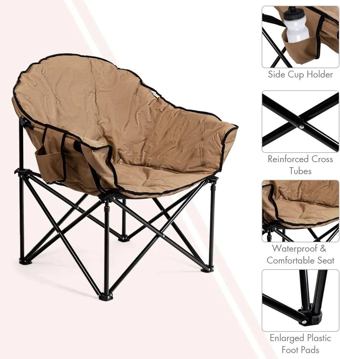 Giantex Portable Camping Chair, Moon Saucer Chair, Outdoor Folding Chair with Soft Padded Seat, Lawn Chair with Cup Holder and Carry Bag (Brown)