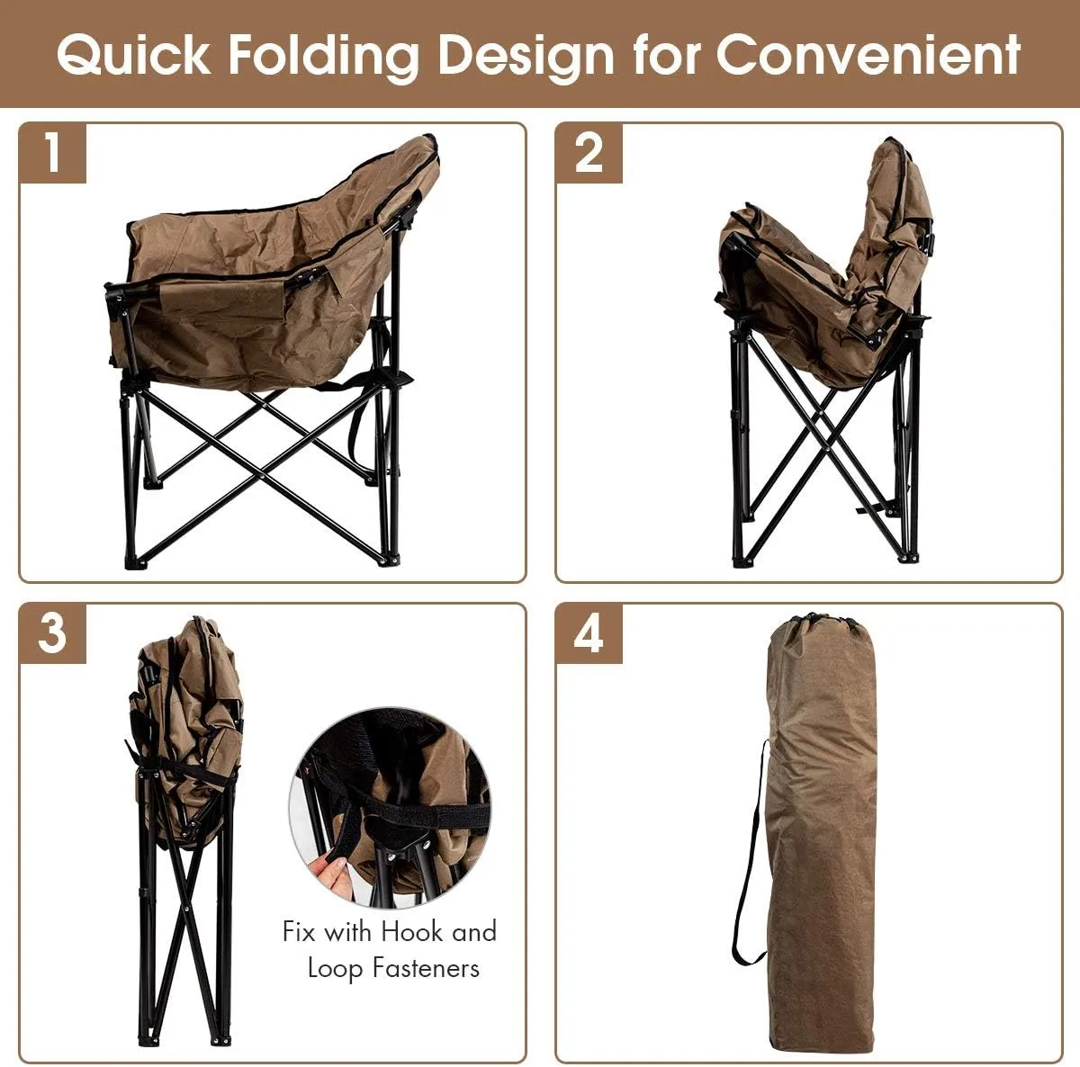 Giantex Portable Camping Chair, Moon Saucer Chair, Outdoor Folding Chair with Soft Padded Seat, Lawn Chair with Cup Holder and Carry Bag (Brown)