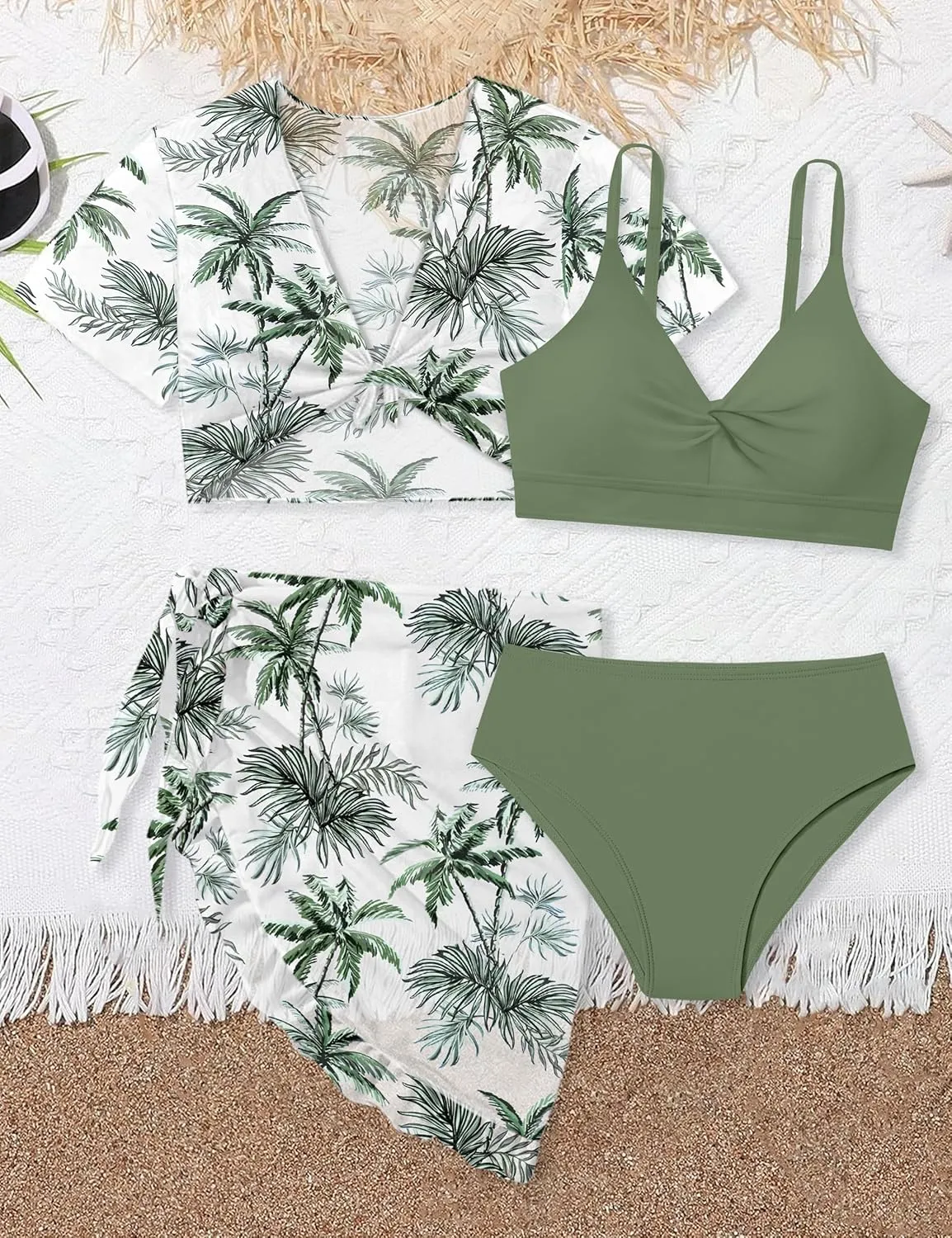 Girls Swimsuit 4 Piece Tropical Print Bikini Set Twist Criss Cross Bathing Suit with Kimono and Cover Up 9-16Y
