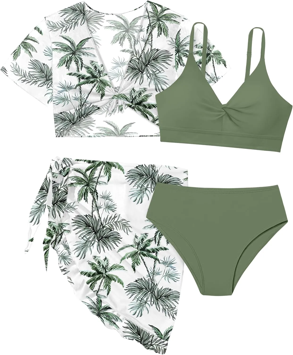 Girls Swimsuit 4 Piece Tropical Print Bikini Set Twist Criss Cross Bathing Suit with Kimono and Cover Up 9-16Y