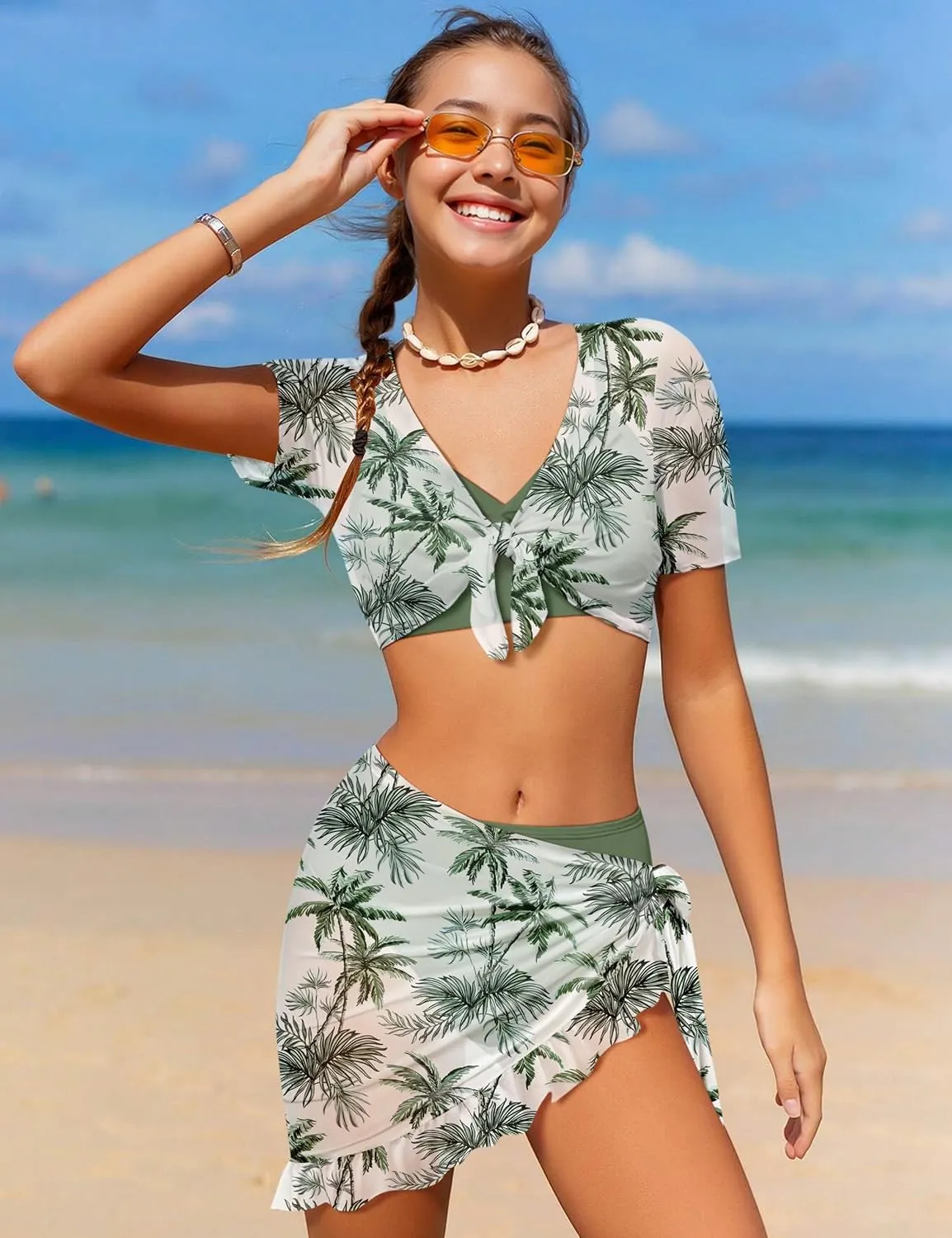 Girls Swimsuit 4 Piece Tropical Print Bikini Set Twist Criss Cross Bathing Suit with Kimono and Cover Up 9-16Y