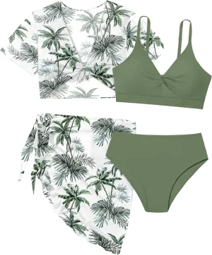 Girls Swimsuit 4 Piece Tropical Print Bikini Set Twist Criss Cross Bathing Suit with Kimono and Cover Up 9-16Y