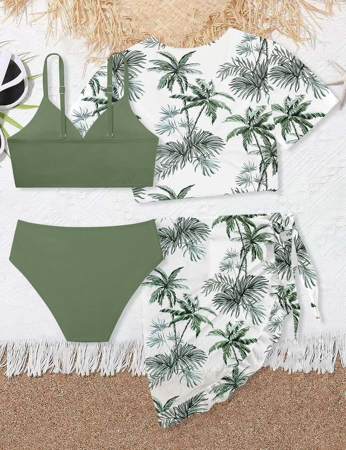 Girls Swimsuit 4 Piece Tropical Print Bikini Set Twist Criss Cross Bathing Suit with Kimono and Cover Up 9-16Y