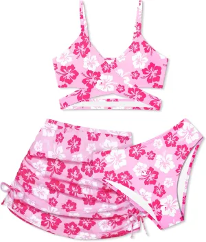 Girls Swimsuits 3 Piece Bathing Suit Allover Printed Criss Cross Bikini Set with Cover Up Skirt Beach Swimwear 7-16 Years