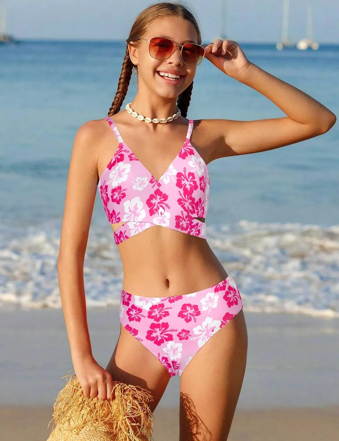 Girls Swimsuits 3 Piece Bathing Suit Allover Printed Criss Cross Bikini Set with Cover Up Skirt Beach Swimwear 7-16 Years