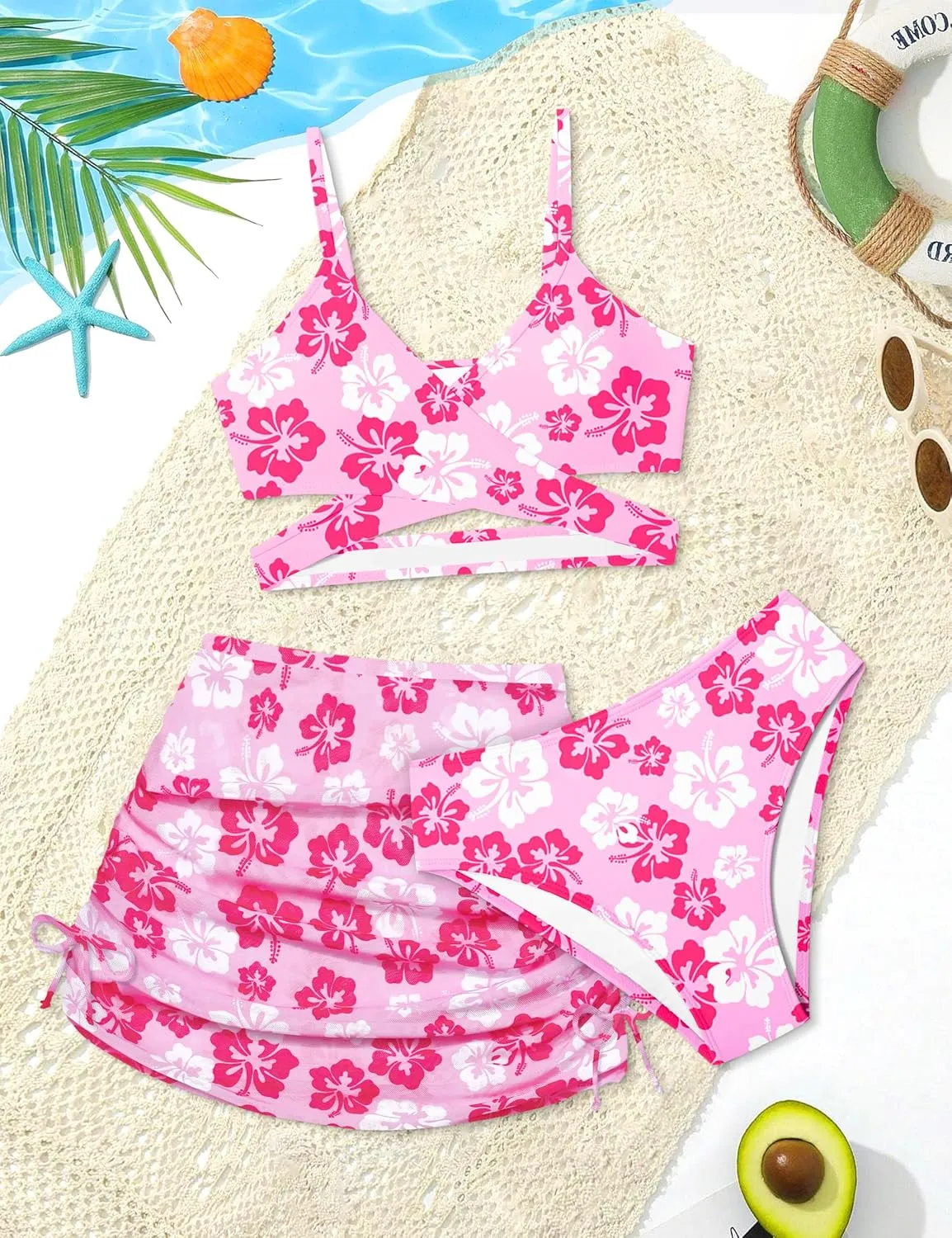 Girls Swimsuits 3 Piece Bathing Suit Allover Printed Criss Cross Bikini Set with Cover Up Skirt Beach Swimwear 7-16 Years