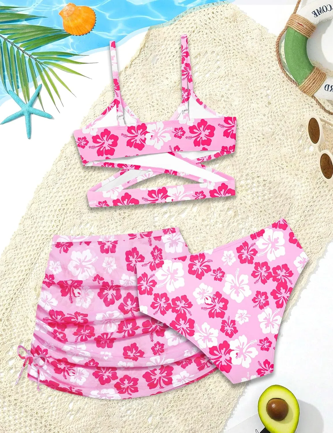Girls Swimsuits 3 Piece Bathing Suit Allover Printed Criss Cross Bikini Set with Cover Up Skirt Beach Swimwear 7-16 Years