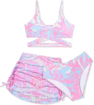Girls Swimsuits 3 Piece Bathing Suit Allover Printed Criss Cross Bikini Set with Cover Up Skirt Beach Swimwear 7-16 Years