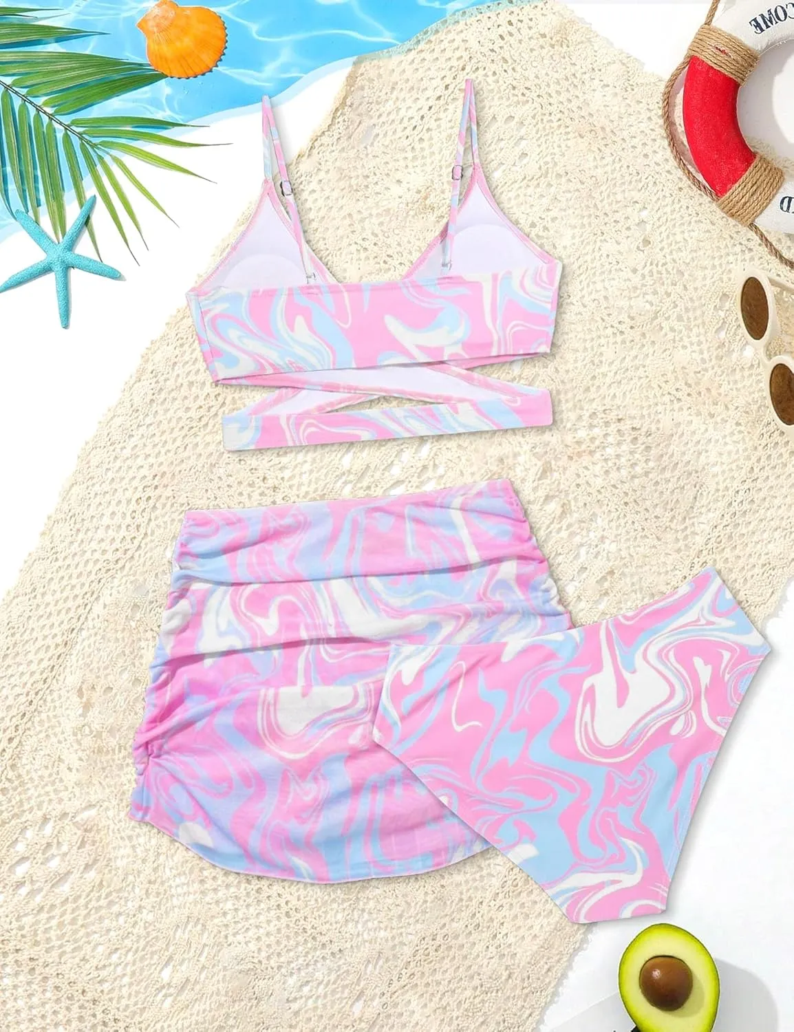 Girls Swimsuits 3 Piece Bathing Suit Allover Printed Criss Cross Bikini Set with Cover Up Skirt Beach Swimwear 7-16 Years