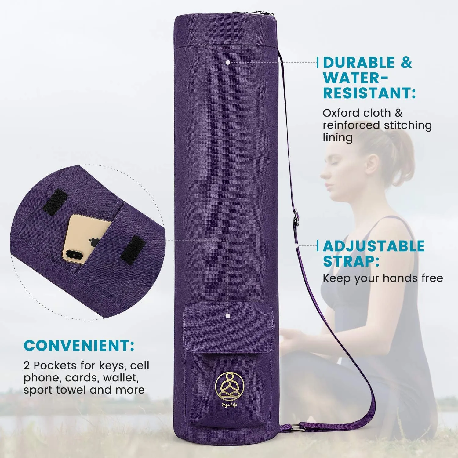 Gonex Yoga Mat Bag, Yoga Mat Carrier Full-Zip Exercise Yoga Mat Carry Bag for Women Men with 2 Multi-Functional Storage Cargo Pockets Extra Wide Adjustable Shoulder Strap