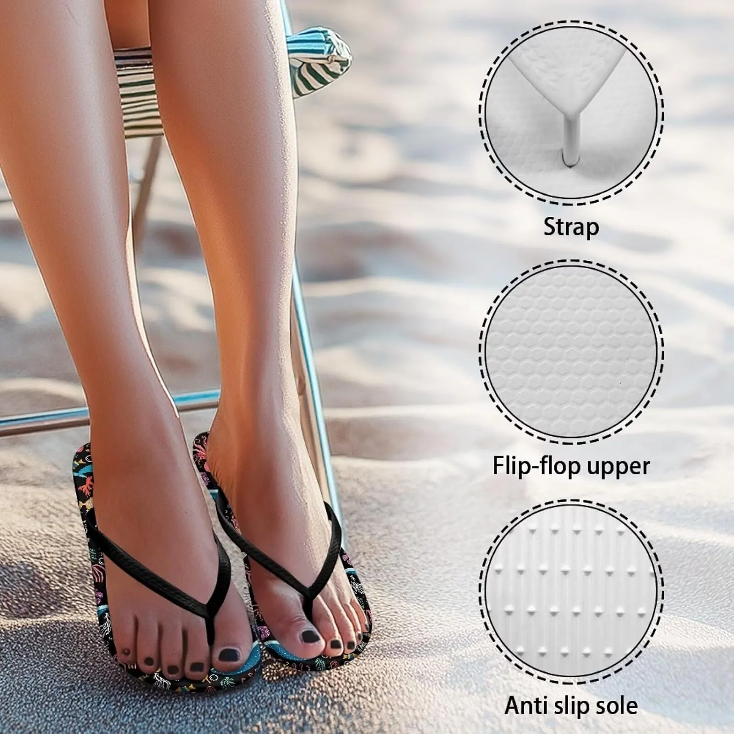 GOSTONG Flip Flops for Women Yoga Mat Comfort Summer Beach Walking Thong Sandals Slip On Non-Slip Indoor Outdoor Slippers Black Strap Size 5-9