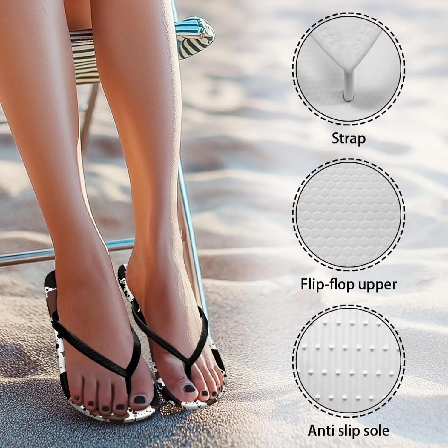 GOSTONG Women's Vacation Sandals Soft Non-Slip Flip Flops Lightweight Beach Pool Sandals Summer Slippers for Teen Girls Black Strap Size 5.5-9.5
