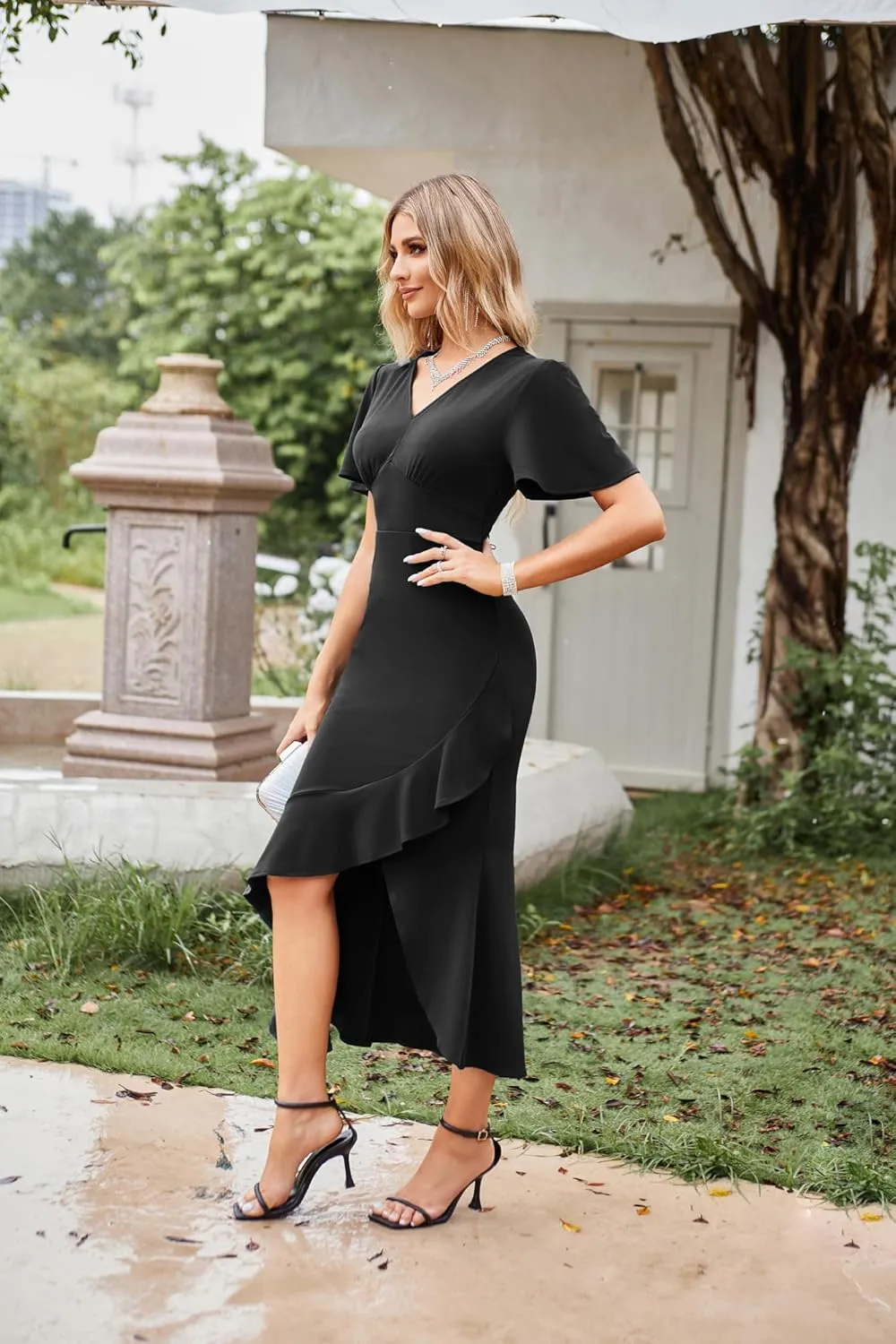 GRACE KARIN Women Casual Wrap Dress Short Sleeve Ruffle Dress 2024 Midi Summer Fishtail Dresses Bodycon Dress for Party