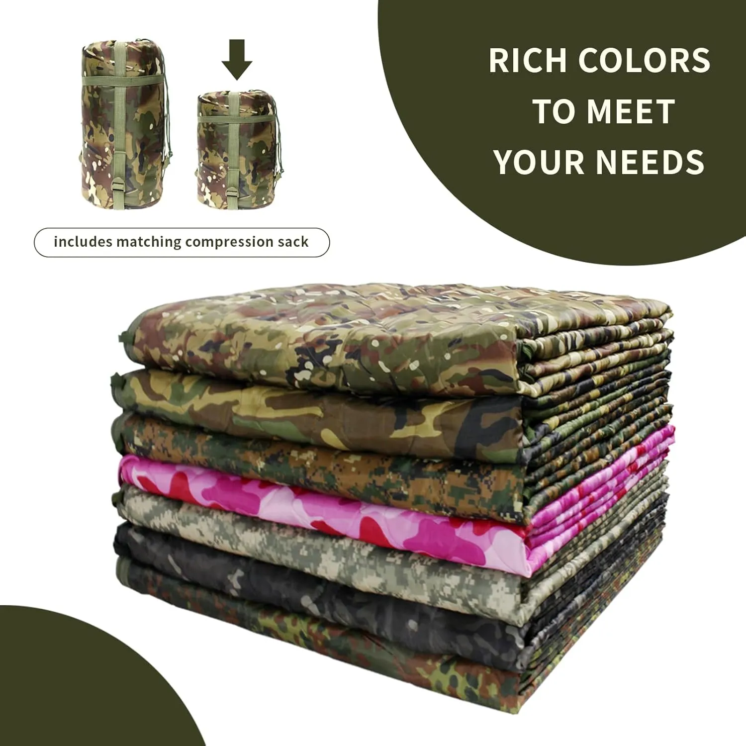 GRVCN Military Blanket - Camping Sleeping Bag with Zipper, Poncho Liner Thermal Insulated Blanket, Lightweight Portable Outdoor Hiking Survival Compression Carry Bag