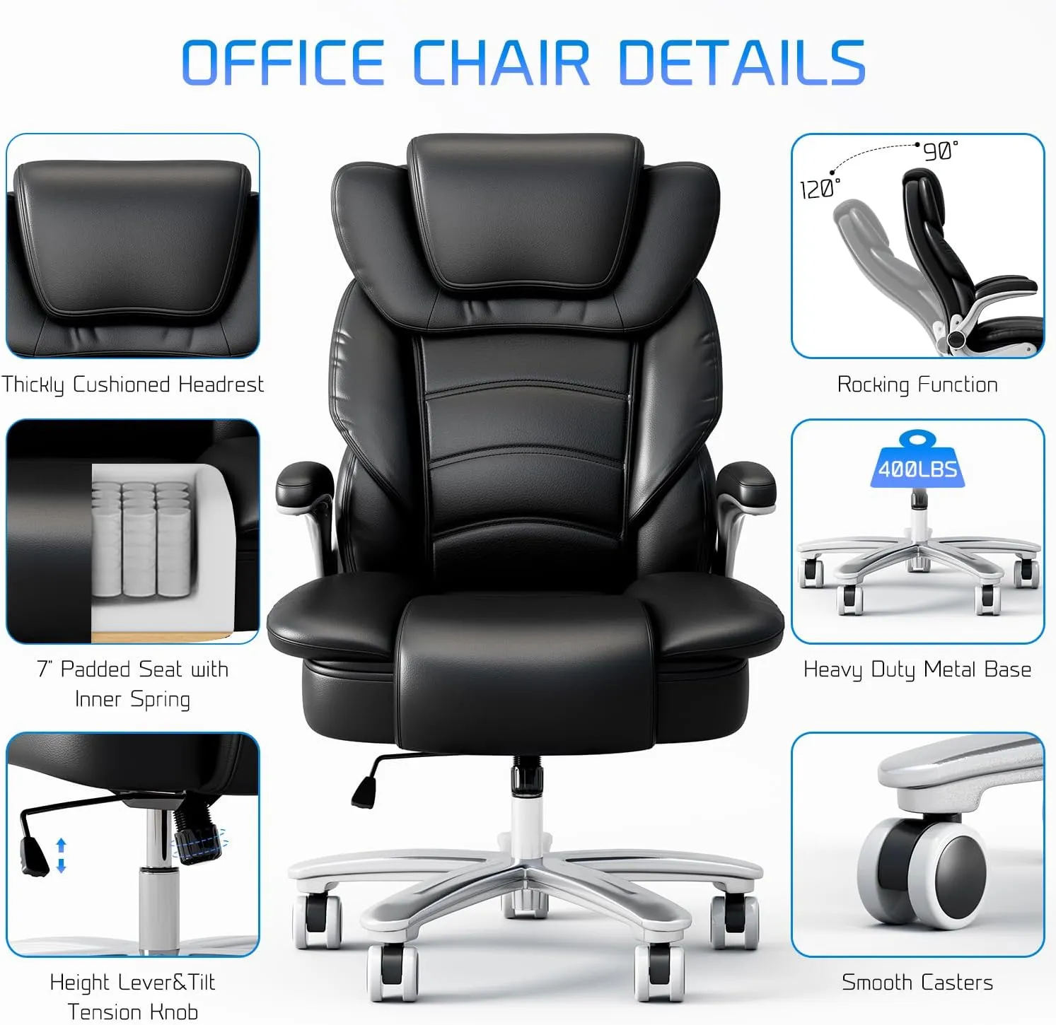GYI Big and Tall Office Chair 400lb Wide Seat, Ergonomic High Back Leather Executive Desk Chair with Flip-up Arms, Black