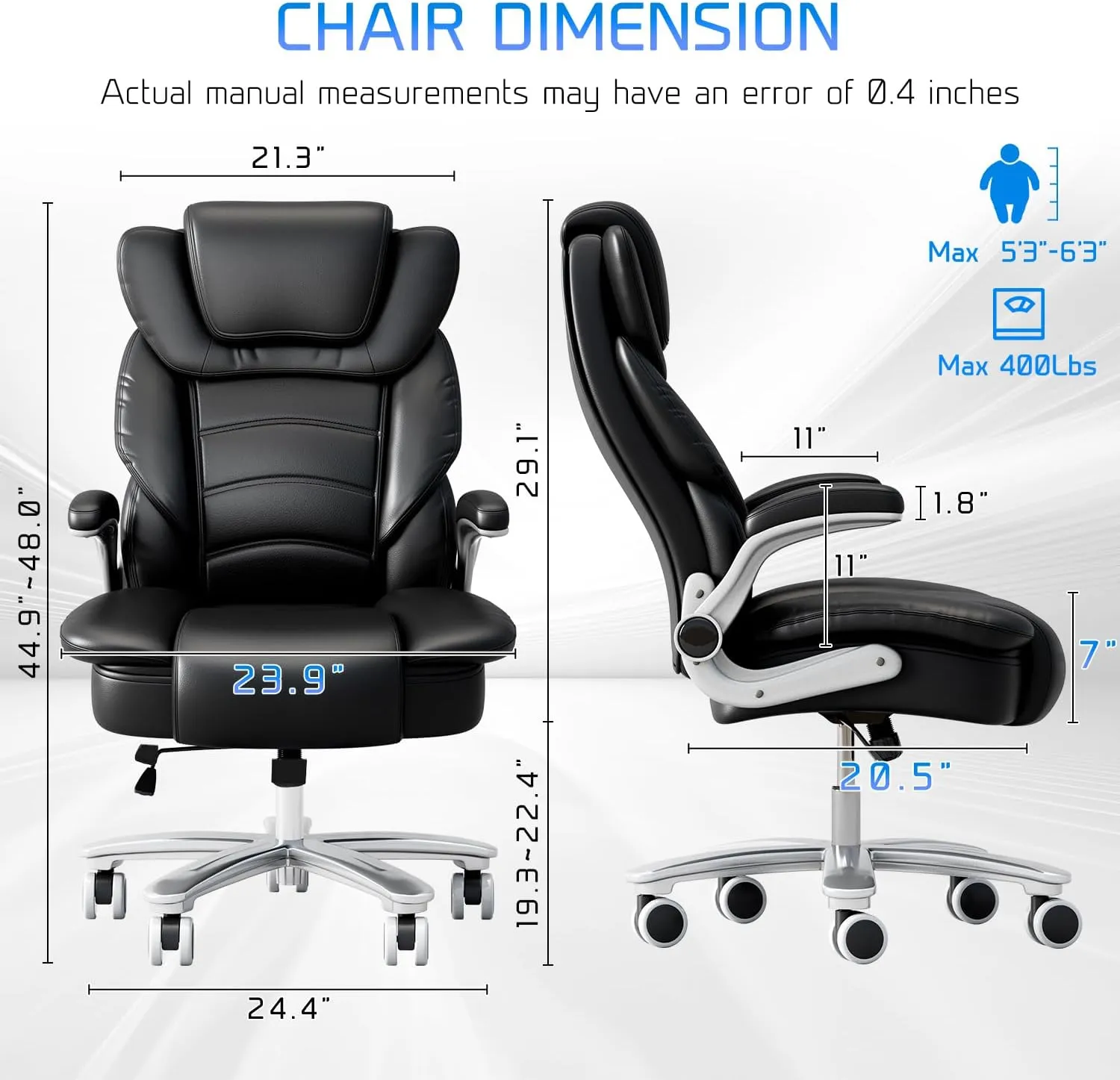 GYI Big and Tall Office Chair 400lb Wide Seat, Ergonomic High Back Leather Executive Desk Chair with Flip-up Arms, Black