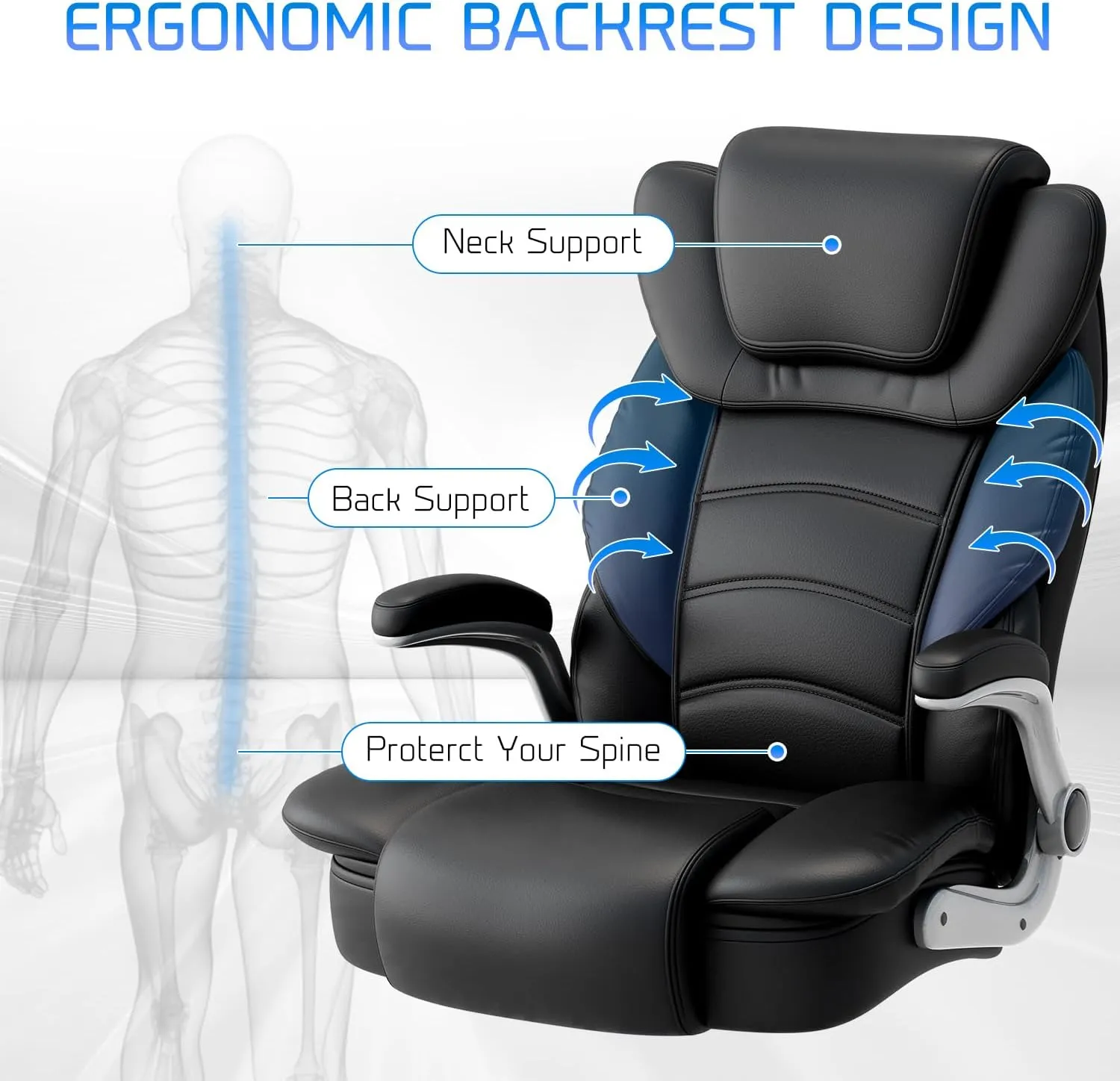 GYI Big and Tall Office Chair 400lb Wide Seat, Ergonomic High Back Leather Executive Desk Chair with Flip-up Arms, Black